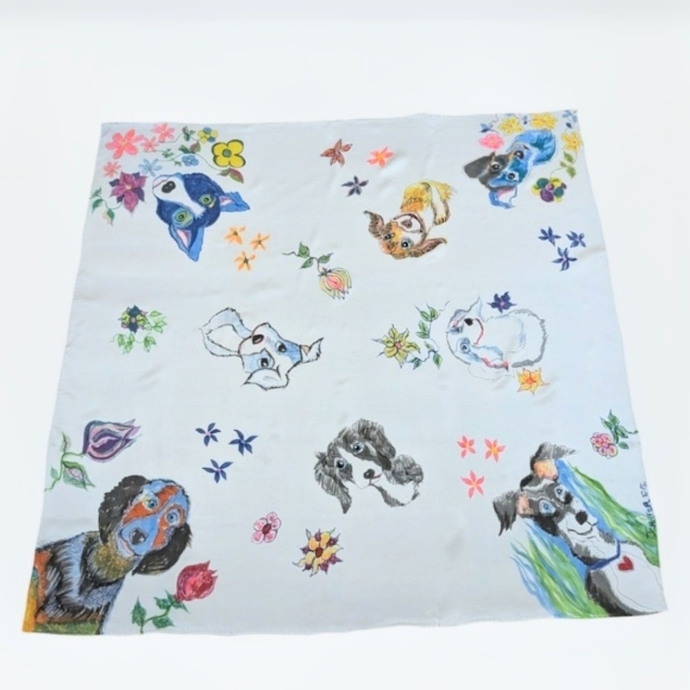 Spring Silk/satin Scarf Hand painted One of A Kind "Best Friends" Dog Print - Picture 6 of 14